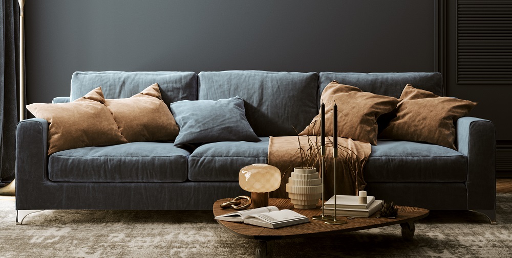 modern home interior with dark blue sofa