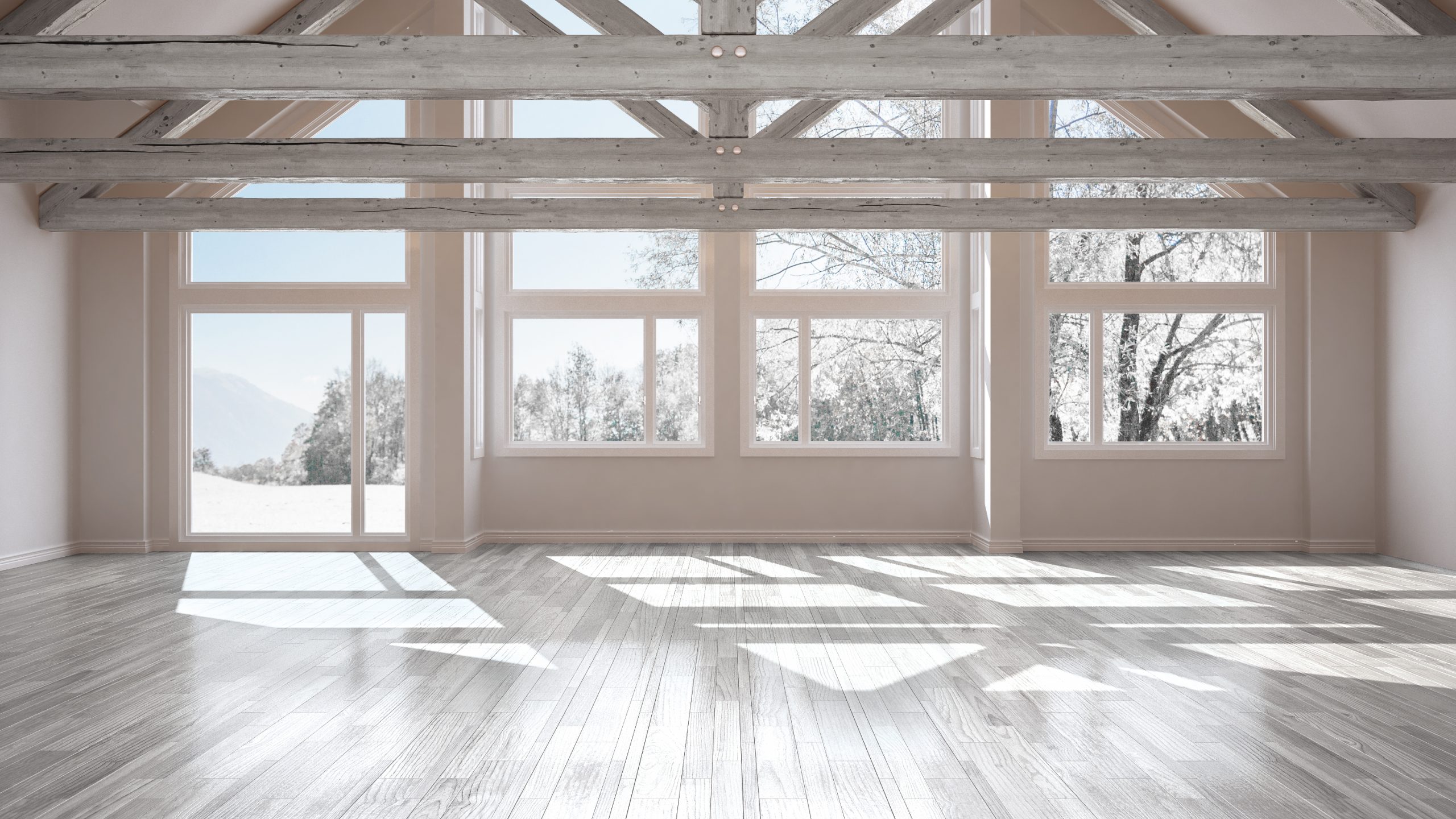 empty room in luxury eco house with parquet floor and wooden roof trusses